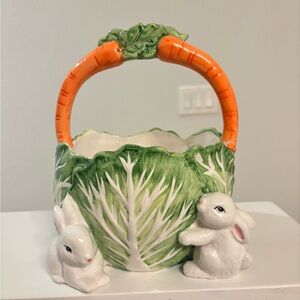 Adorable Vintage Ceramic Easter Bunny & Cabbage Leaf Basket